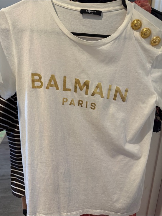 Balmain Tops - Balmain White Gold Logo T-Shirt w/ Gold Shoulder Buttons XS
